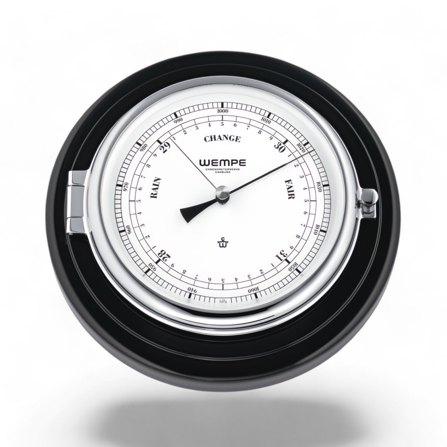 Wempe Skipper barometer 210 x  50 mm - klassiek model op luxe plaat, chroom hoogglans zwart