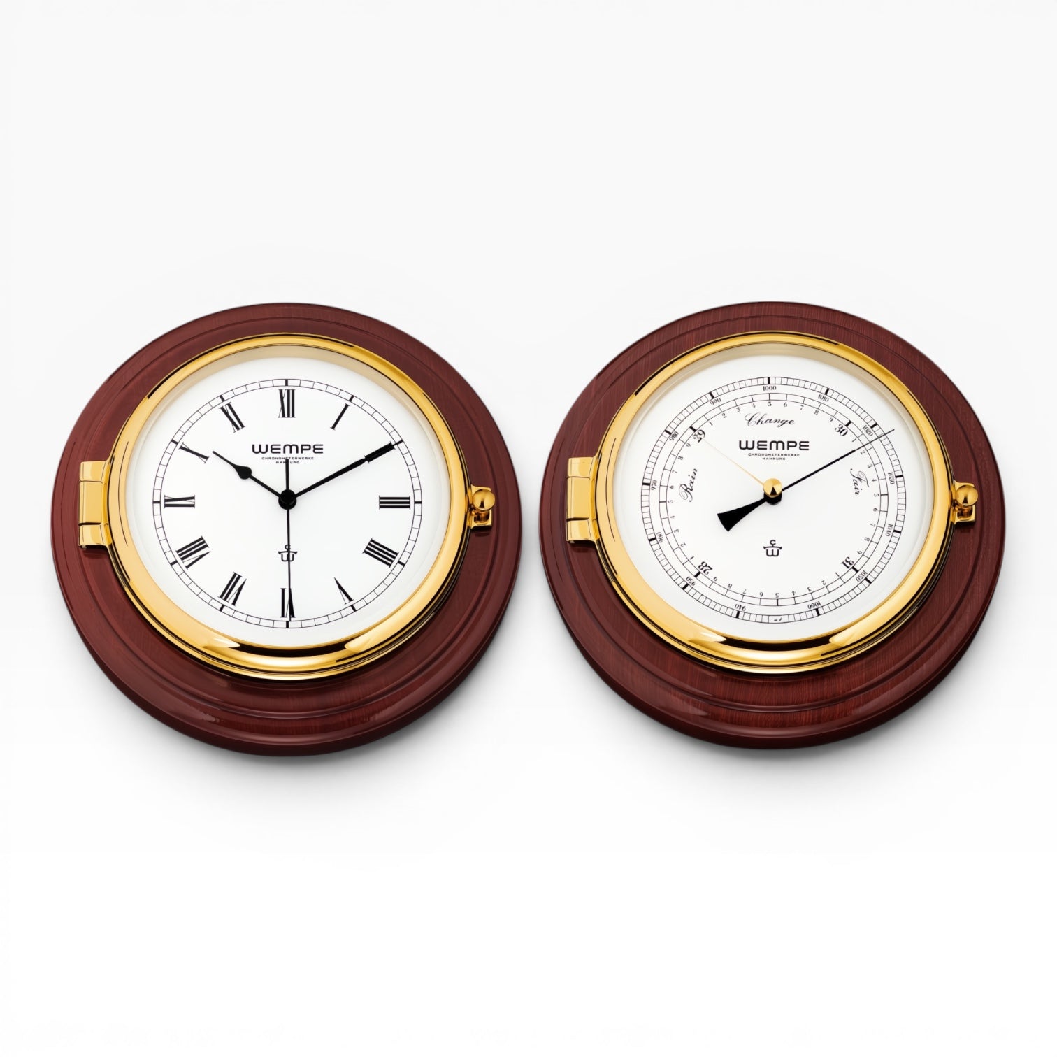 Wempe Skipper set van 2 wandklok met barometer  in messing op een mahonie houten basis 