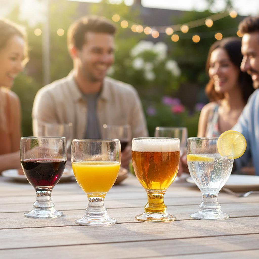 clear Bella goblets, filed with beer, water, wine and sparkling water on a table
