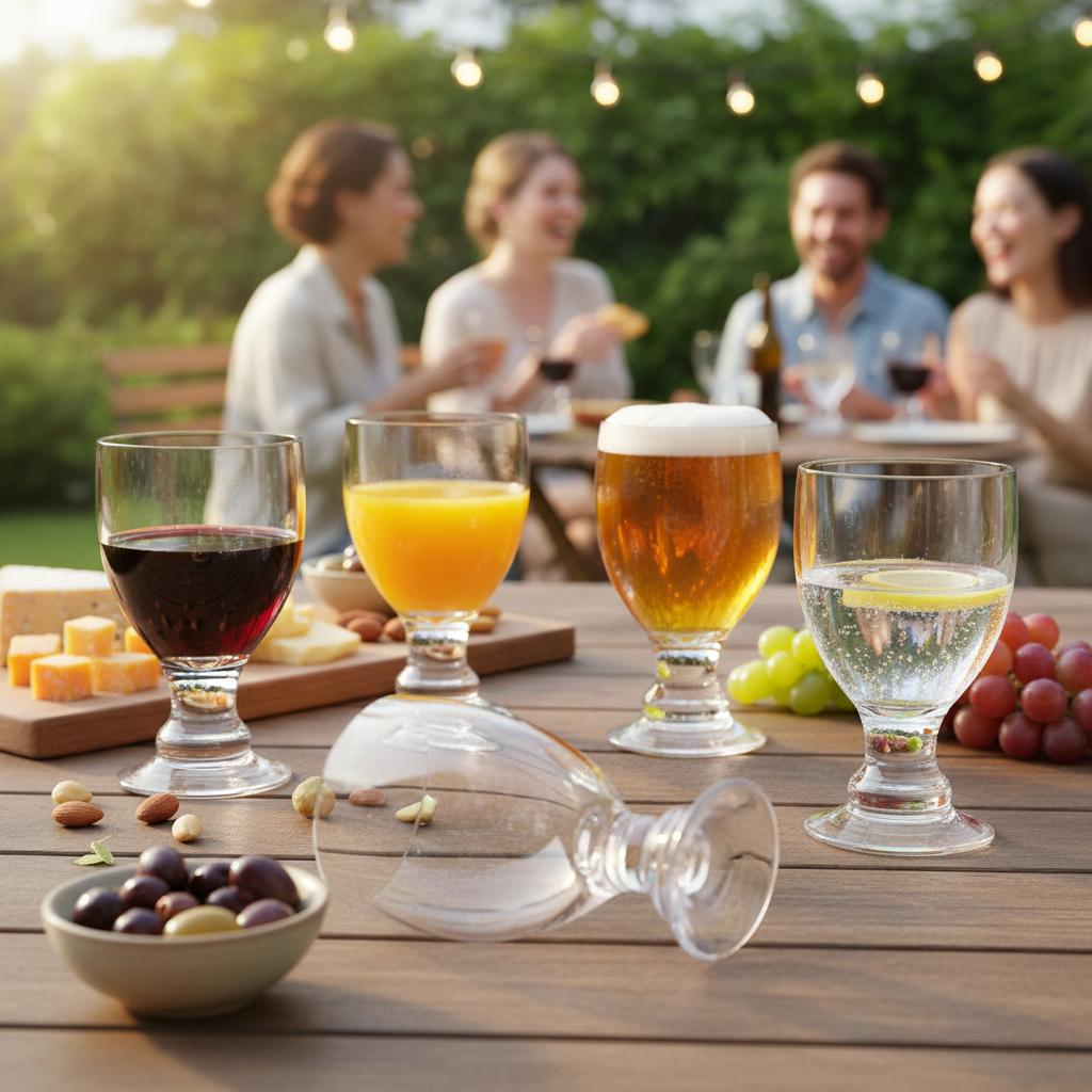 clear Bella goblets filled with beer, juice wine and water, on a table at a party