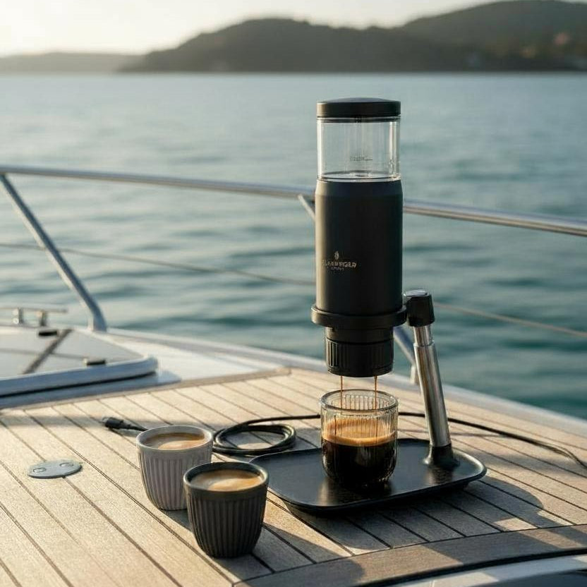 flamefield portable coffee machine on a boat with 2 cups 