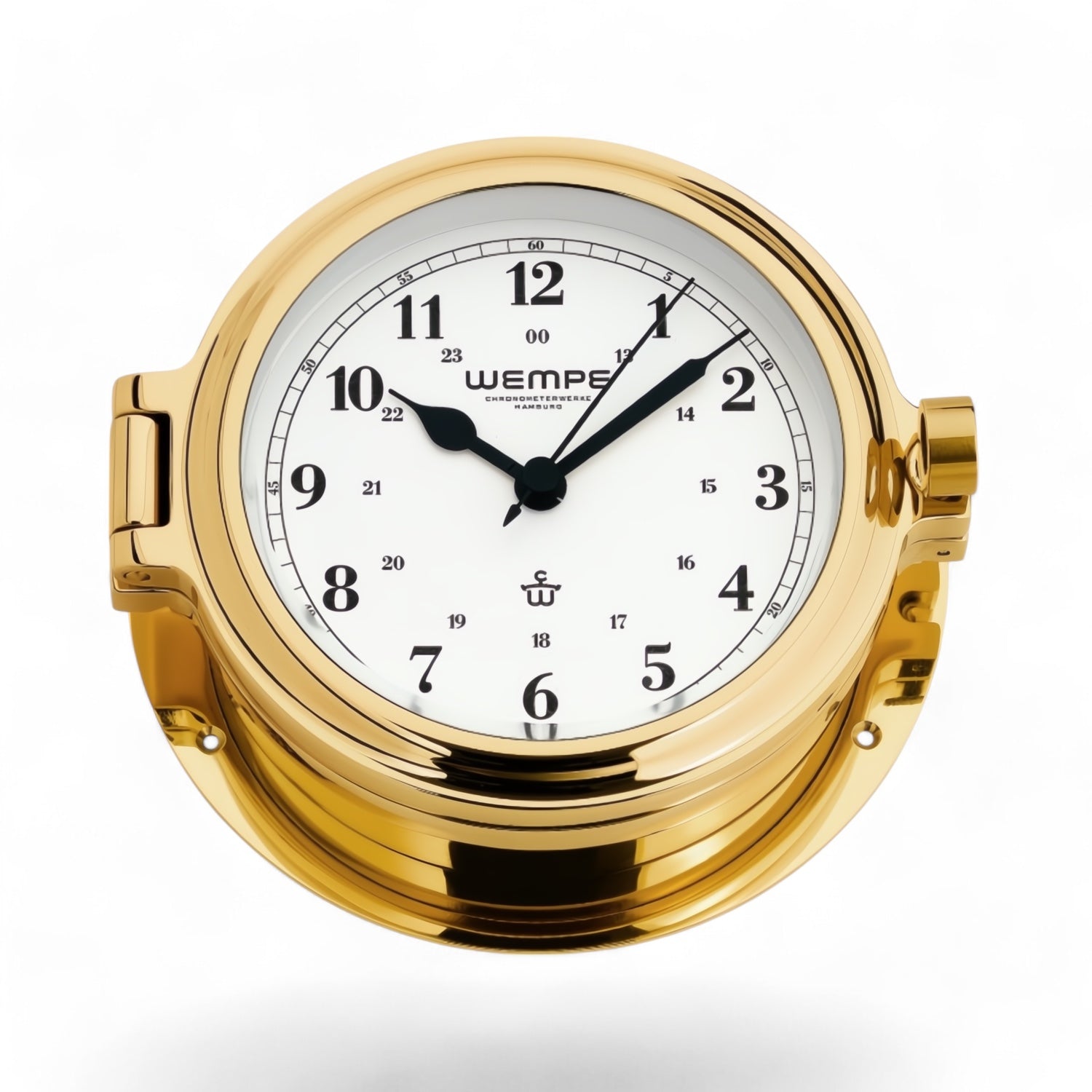 messing Wempe Cup II scheepsklok 140 x 47 mm – massief rvs, quartz patrijspoort klok met Arabische cijfers