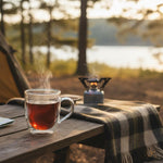 Flamefield dubbelwandig theeglas op een houten picknicktafel in een camping outdoor setting