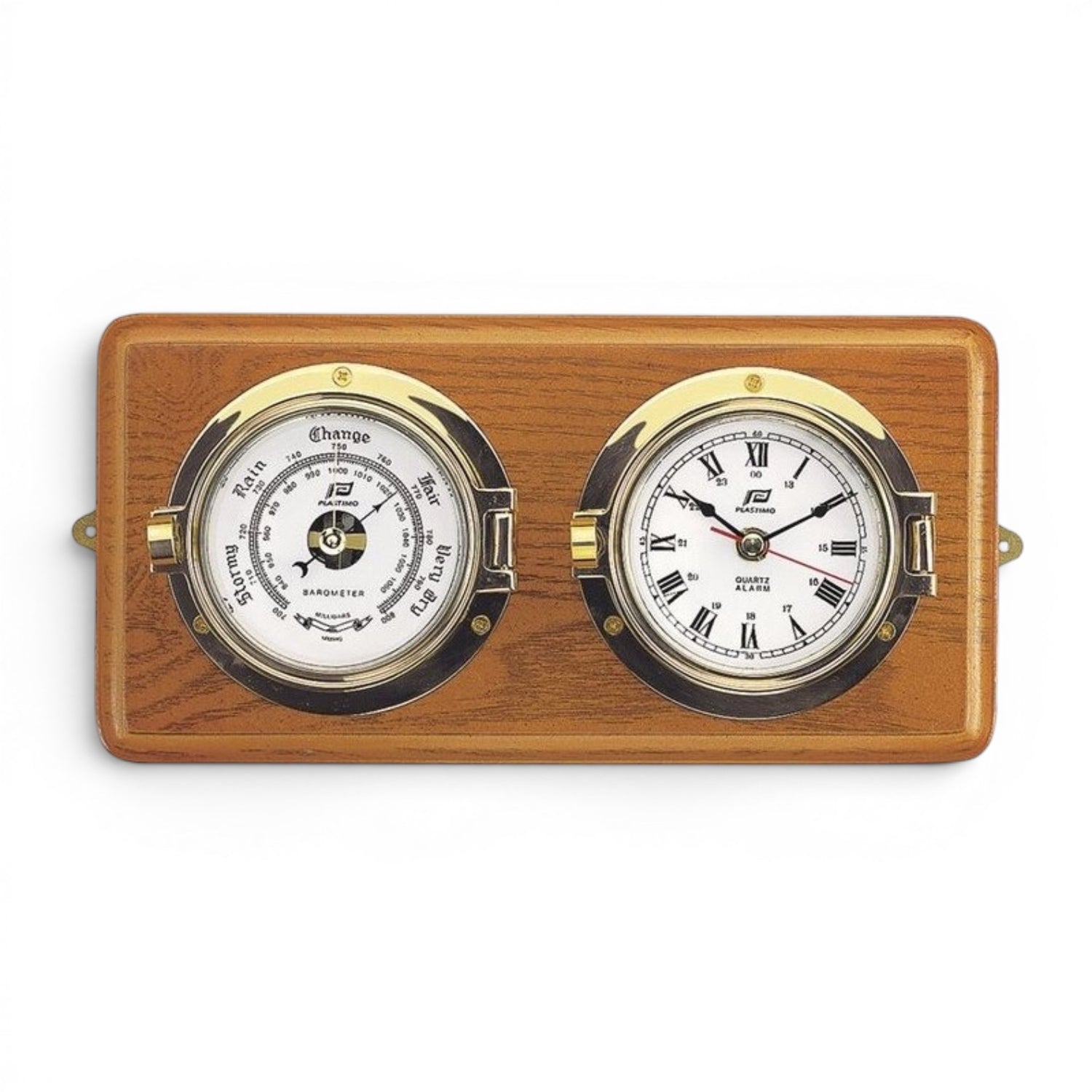 Plastimo 3-inch set on wooden board – clock, barometer, and thermo/hygrometer, brass