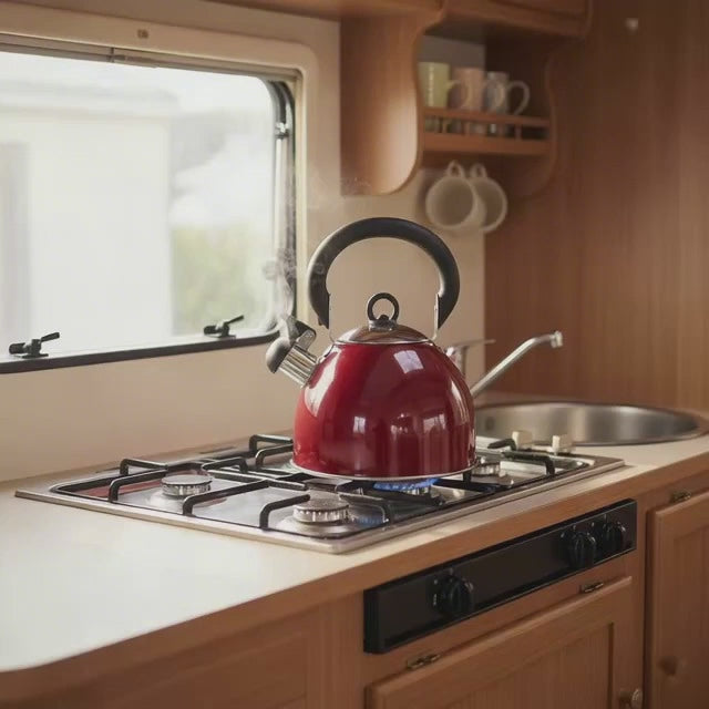 Fluitketel op het fornuis in de caravan