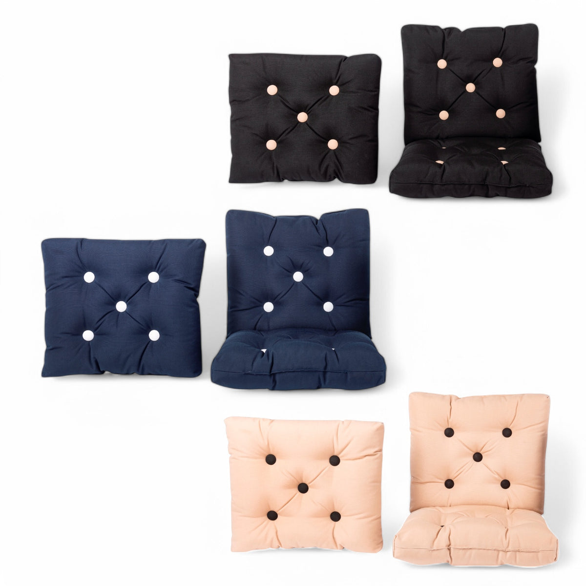 sfeerfoto bootkussens navy, beige en zwart in enkel of dubbele variant, alle varianten