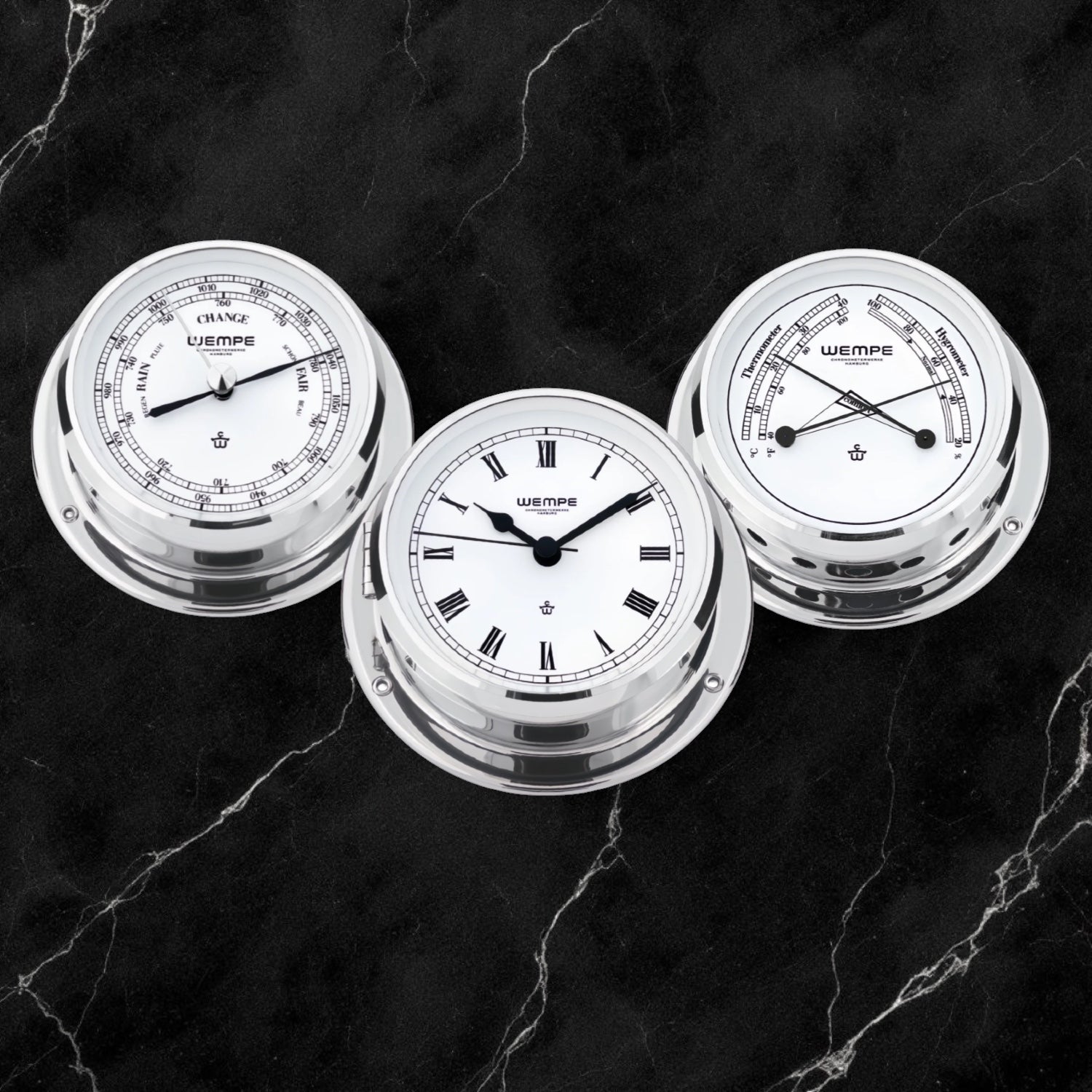 Wempe Skiff set 110 mm – scheepsklok Romeinse cijfers, barometer en comfortmeter