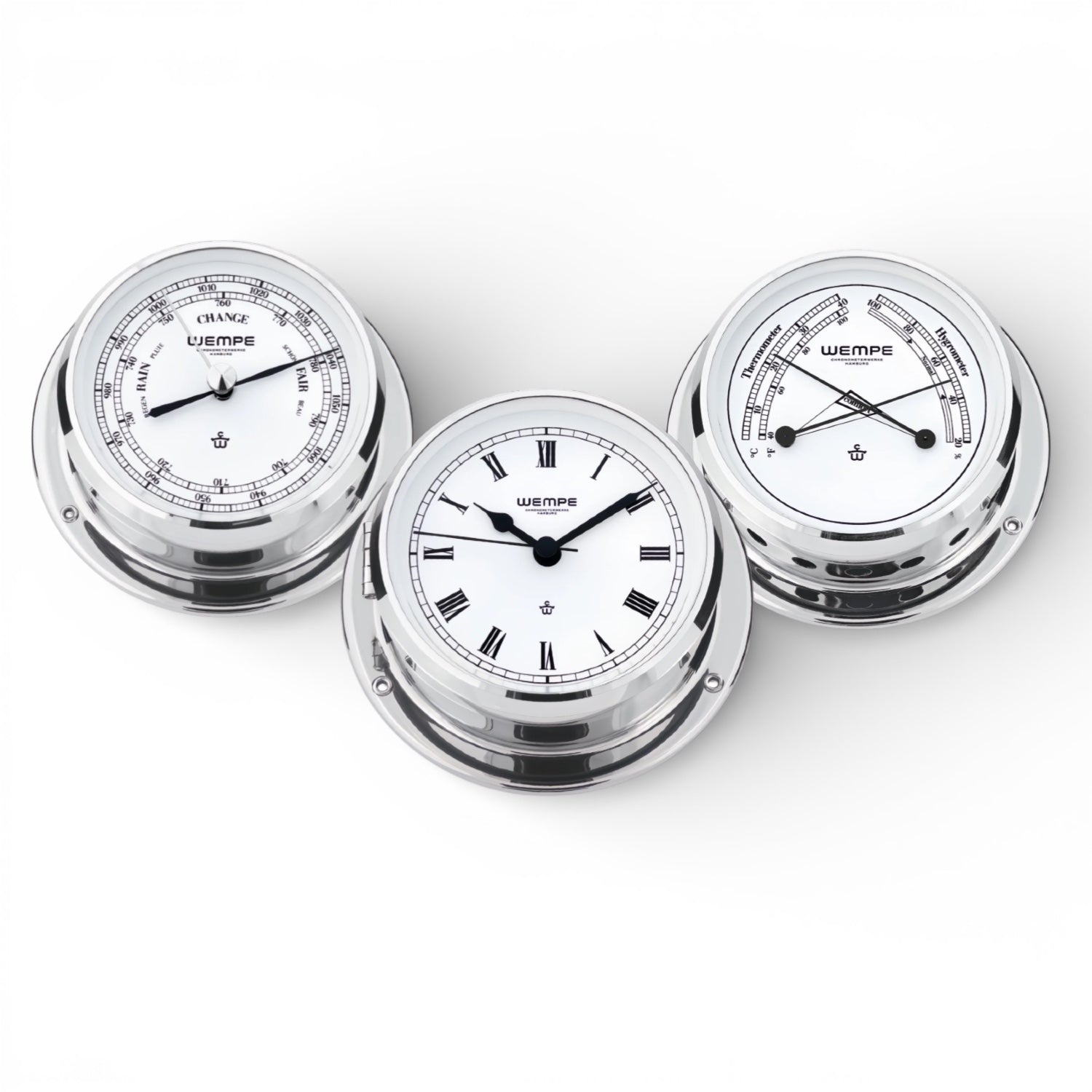 Wempe Skiff set 110 mm – scheepsklok Romeinse cijfers, barometer en comfortmeter