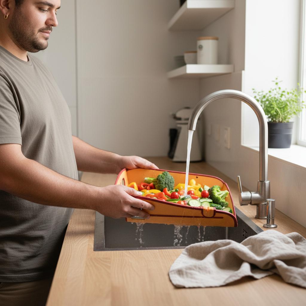 spontane jongeman speelt de groente af met de smart cutting board