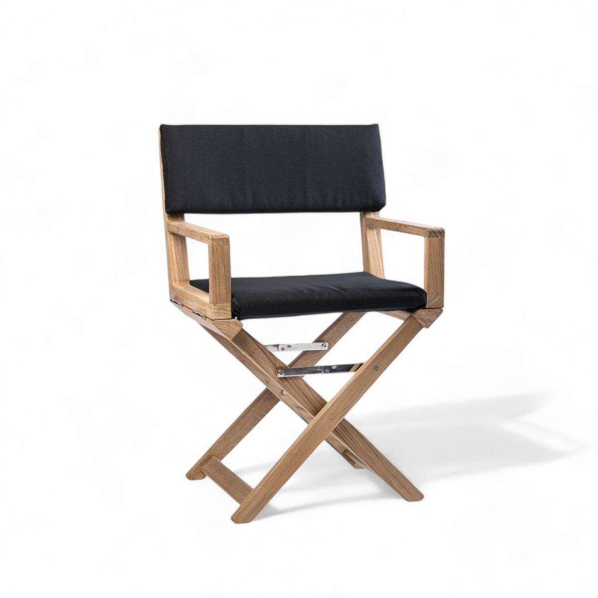 zijkant van de Regisseursstoel the Edge - ongeolied teak, luxe, inklapbaar, met comfortabele navy kussenset